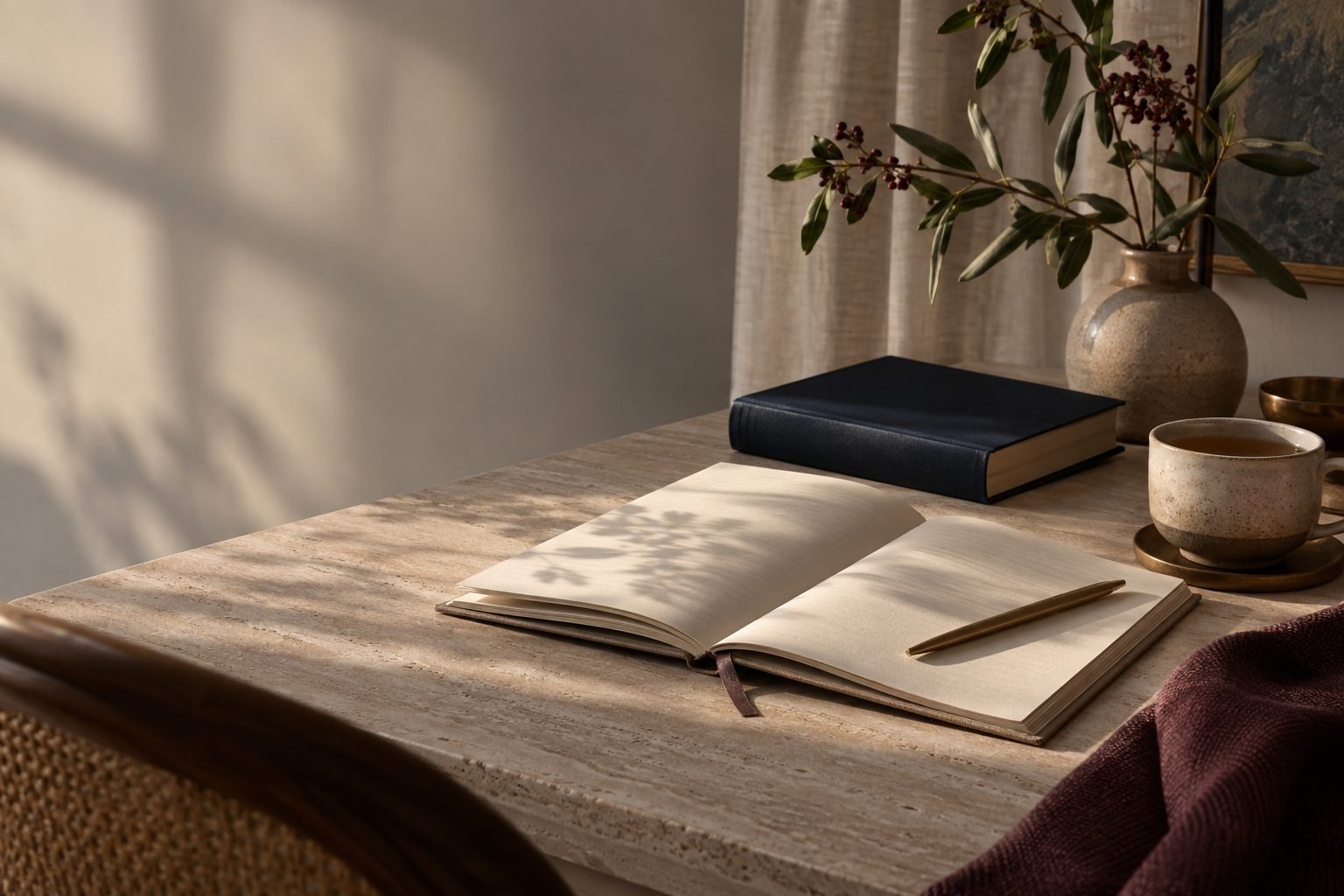 Caderno aberto e livros em um ambiente de estudo acolhedor