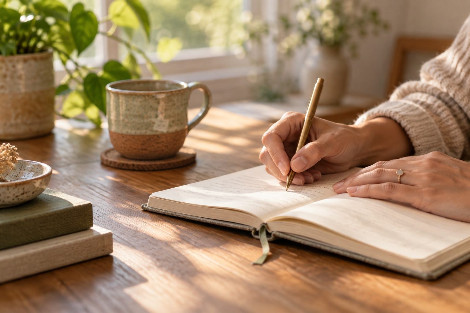 Mãos escrevendo reflexões em um caderno